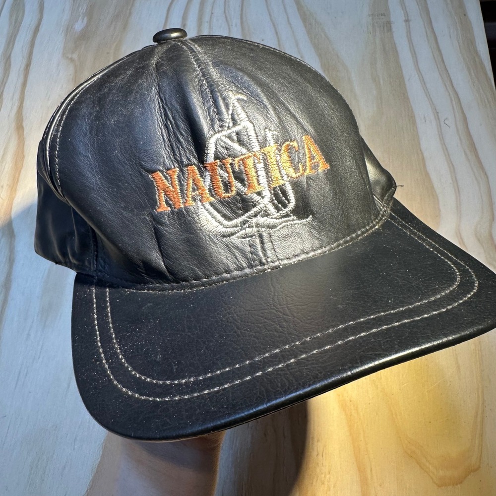 Nautica Vintage 90s Black Leather Baseball Cap Hat Made in USA Embroidered Logo